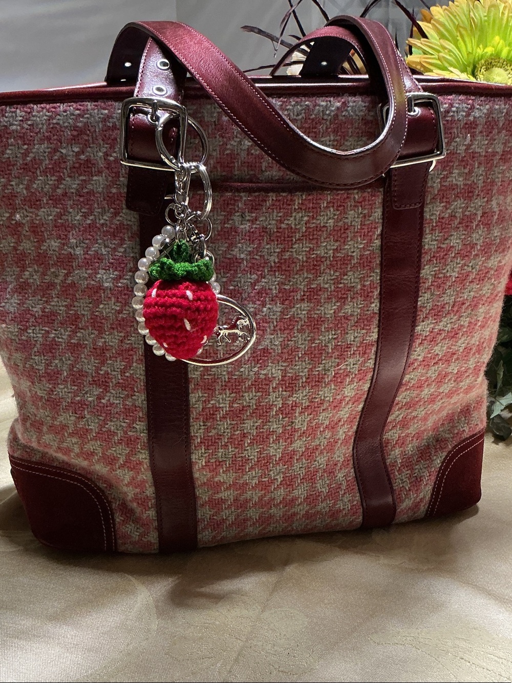 Coach Pink and Burgundy Houndstooth Tote